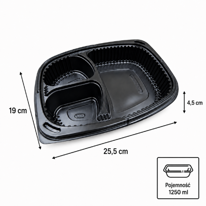 Pojemnik 1250 ml czarny trójdzielny 25,5 x 19 x 4,5 cm, PP - 40 szt.