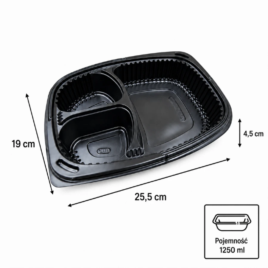 Pojemnik 1250 ml czarny trójdzielny 25,5 x 19 x 4,5 cm, PP - 40 szt.
