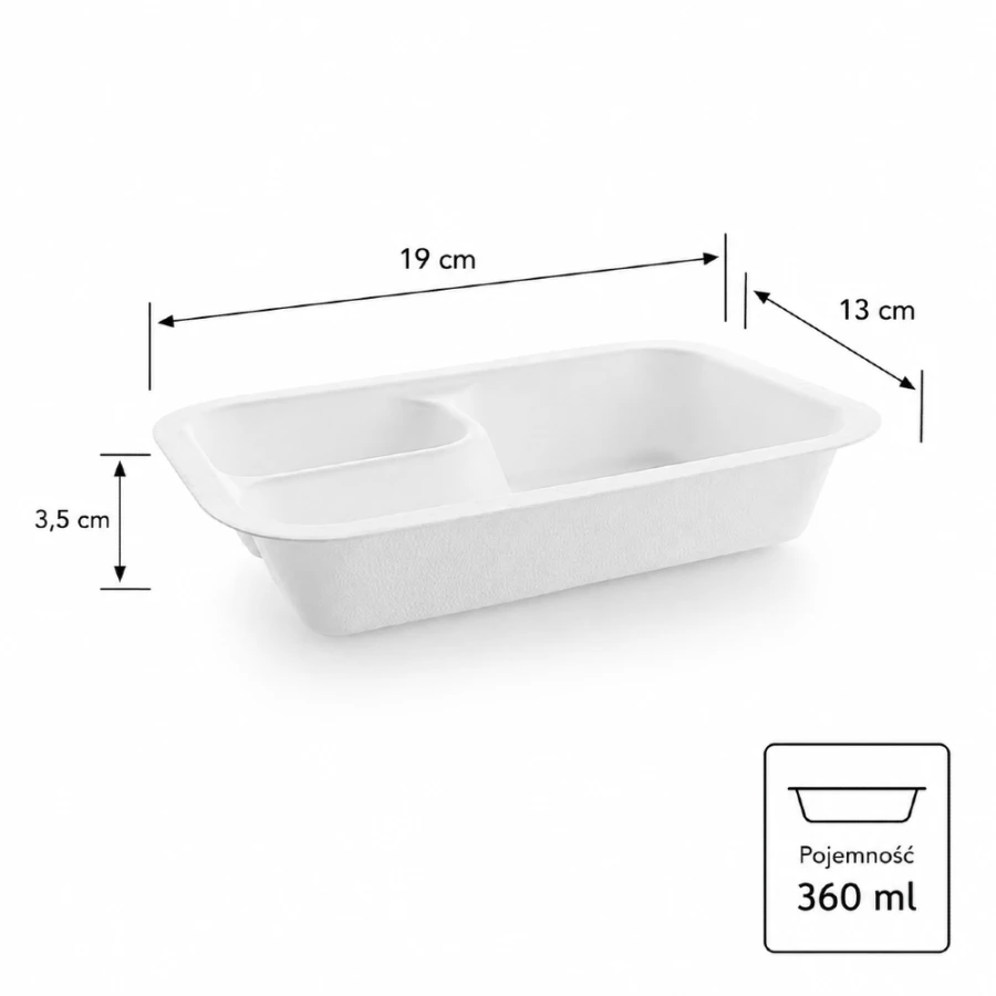 Pojemnik z trzciny cukrowej dwudzielny 360 ml, 19 cm x 13 cm x 3,5 cm
