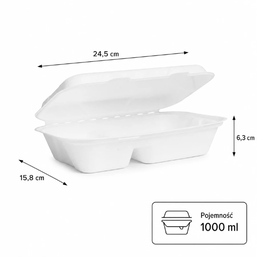 Opakowanie z trzciny cukrowej z pokrywką dwudzielne 1000 ml, 24,5 cm x 15,8 cm x 6,3 cm - 50 sztuk