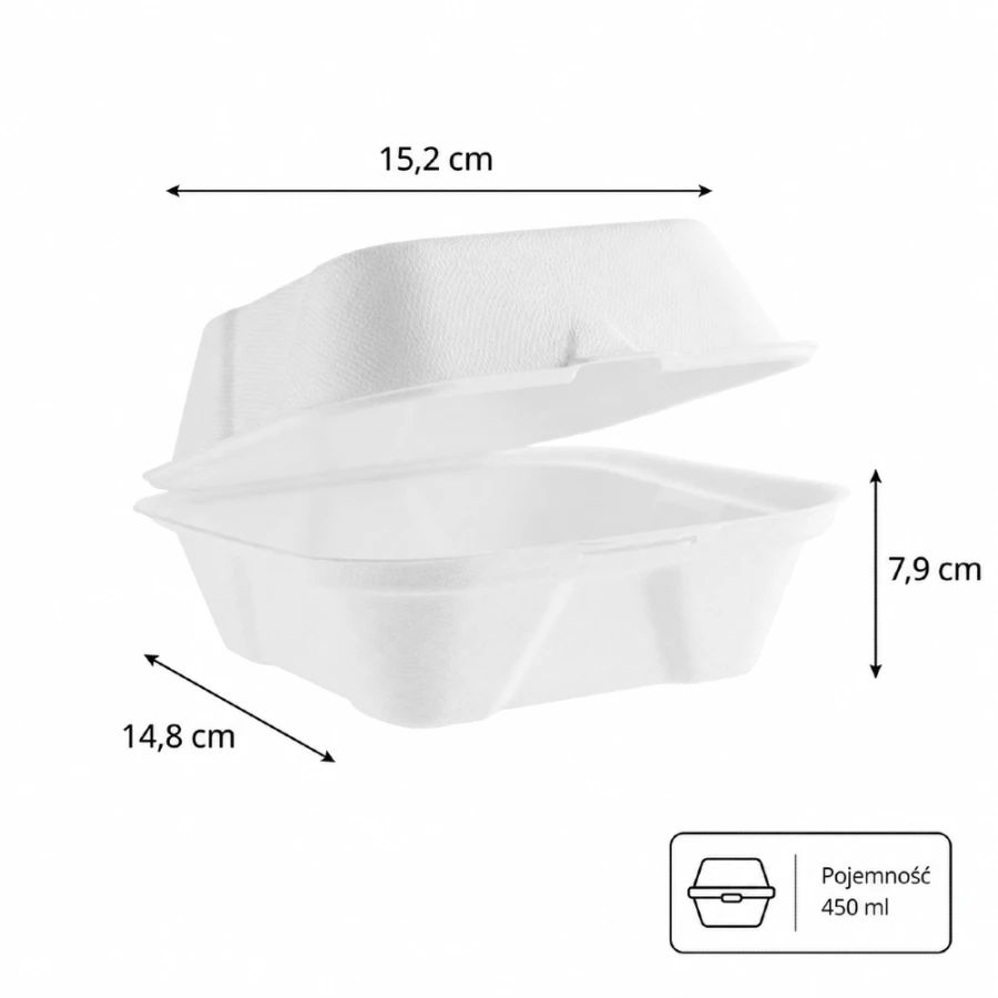 Opakowanie z trzciny cukrowej z pokrywką 450 ml, 15,2 cm x 14,8 cm x 7,9 cm - 50 sztuk