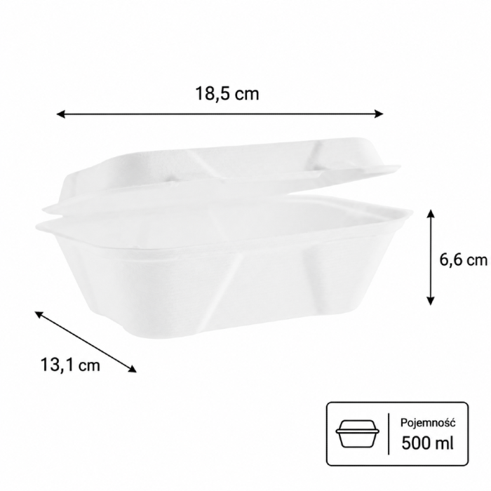 Opakowanie z trzciny cukrowej z pokrywką 500 ml, 18,5 cm x 13,1 cm x 6,6 cm - 50 sztuk