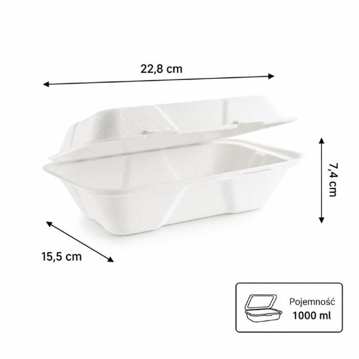 Opakowanie z trzciny cukrowej z pokrywką 1000 ml, 22,8 cm x 15,5 cm x 7,4 cm - 50 sztuk