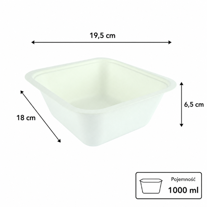 Pojemnik z trzciny cukrowej 1000 ml, 19,5 cm x 18 cm x 6,5 cm - 50 sztuk