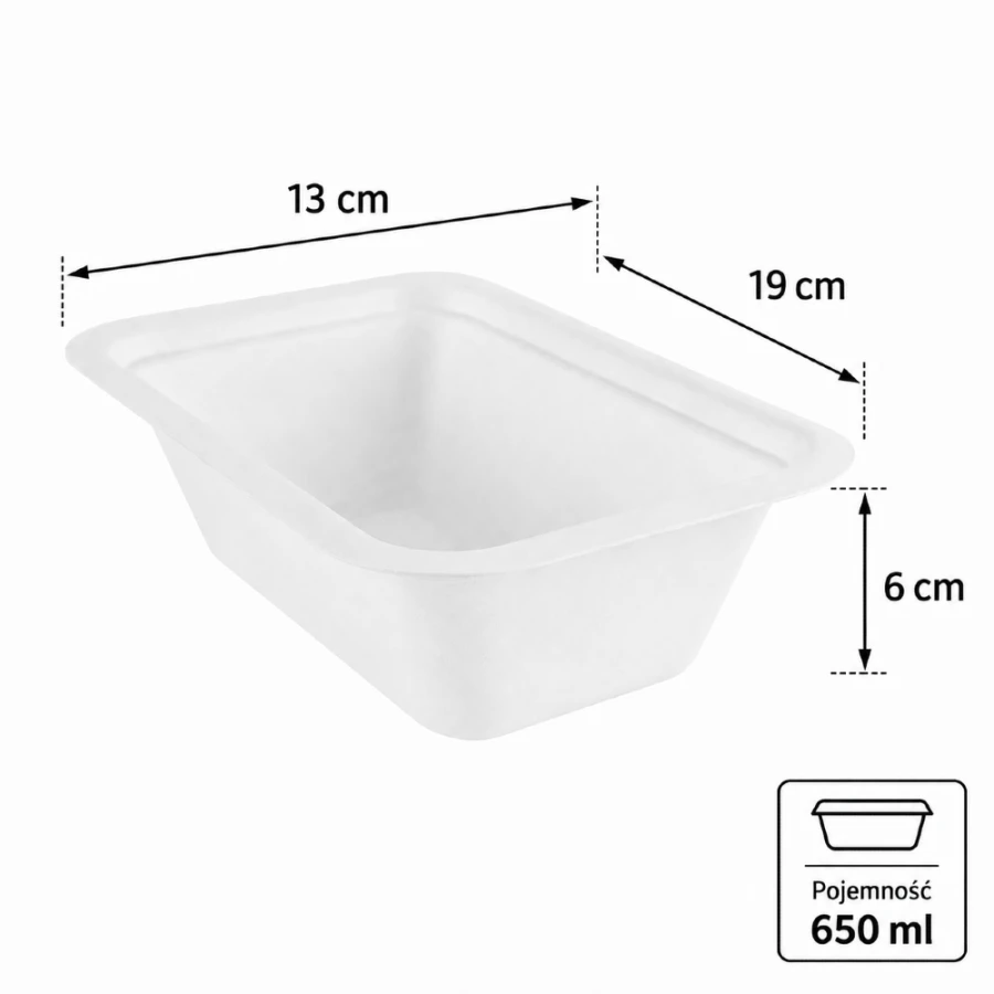 Pojemnik z trzciny cukrowej 650 ml, 19 cm x 13 cm x 6 cm - 50 sztuk