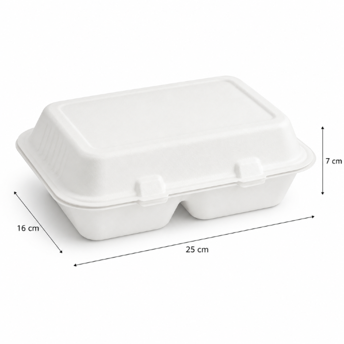 Opakowanie z trzciny cukrowej dwudzielne z pokrywką - 25 cm x 16 cm x 7 cm - 1000 ml - 50 sztuk