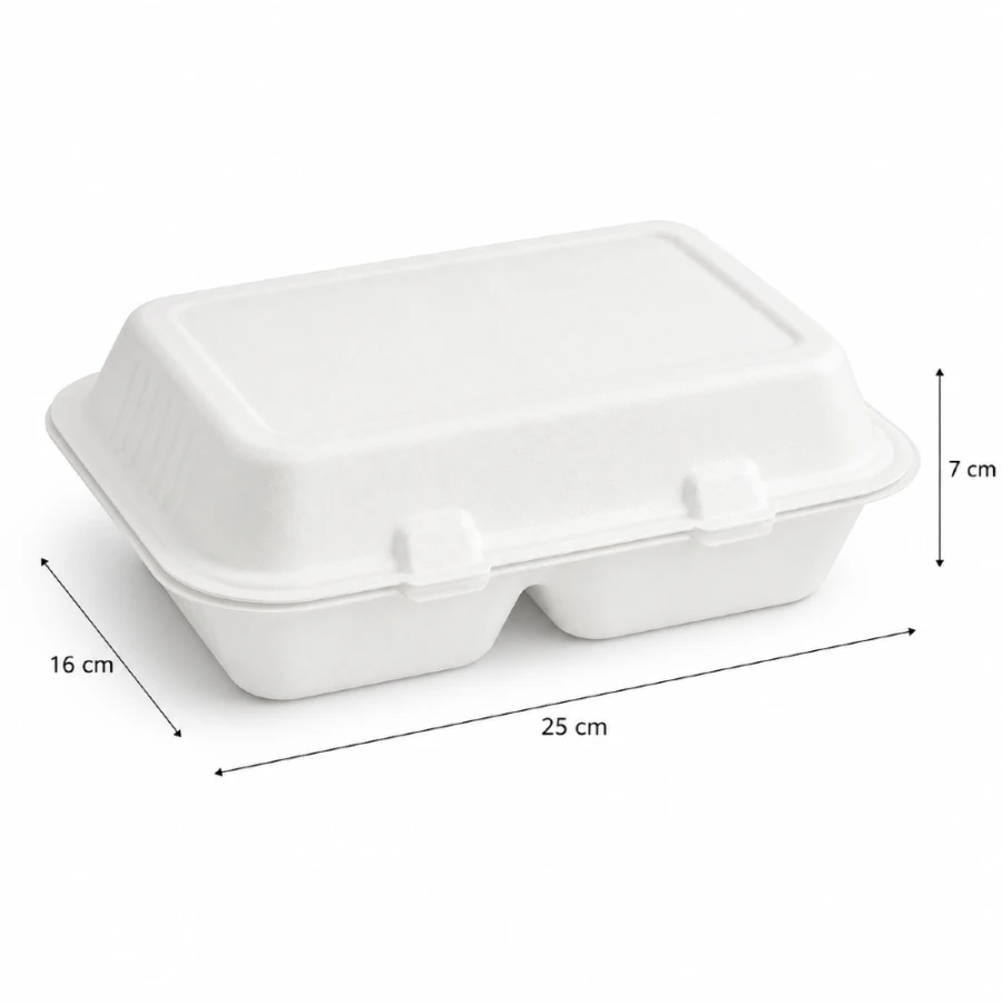 Opakowanie z trzciny cukrowej dwudzielne z pokrywką - 25 cm x 16 cm x 7 cm - 1000 ml - 50 sztuk