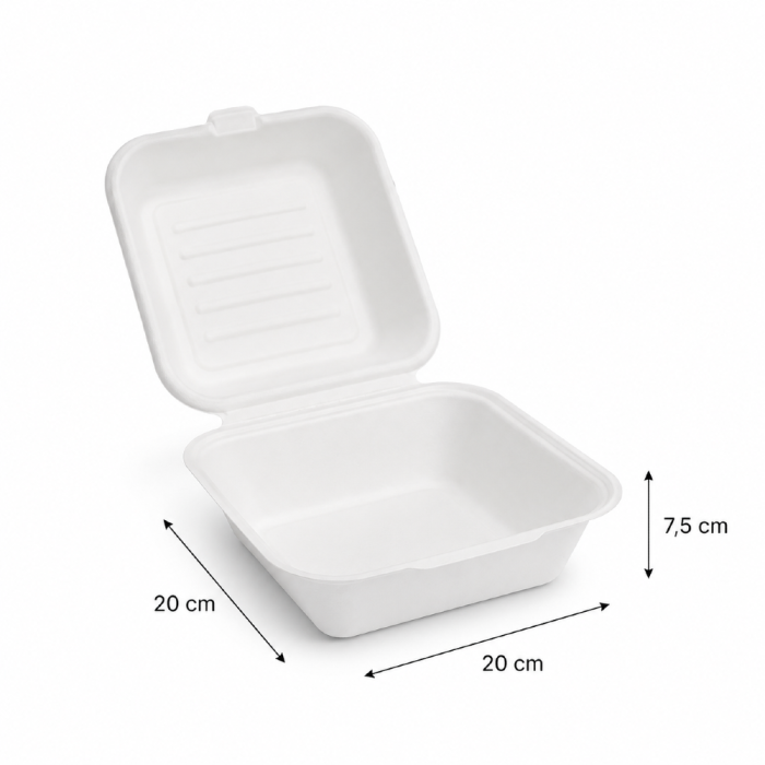 Opakowanie z trzciny cukrowej z pokrywką 20 cm x 20 cm x 7,5 cm - 50 sztuk