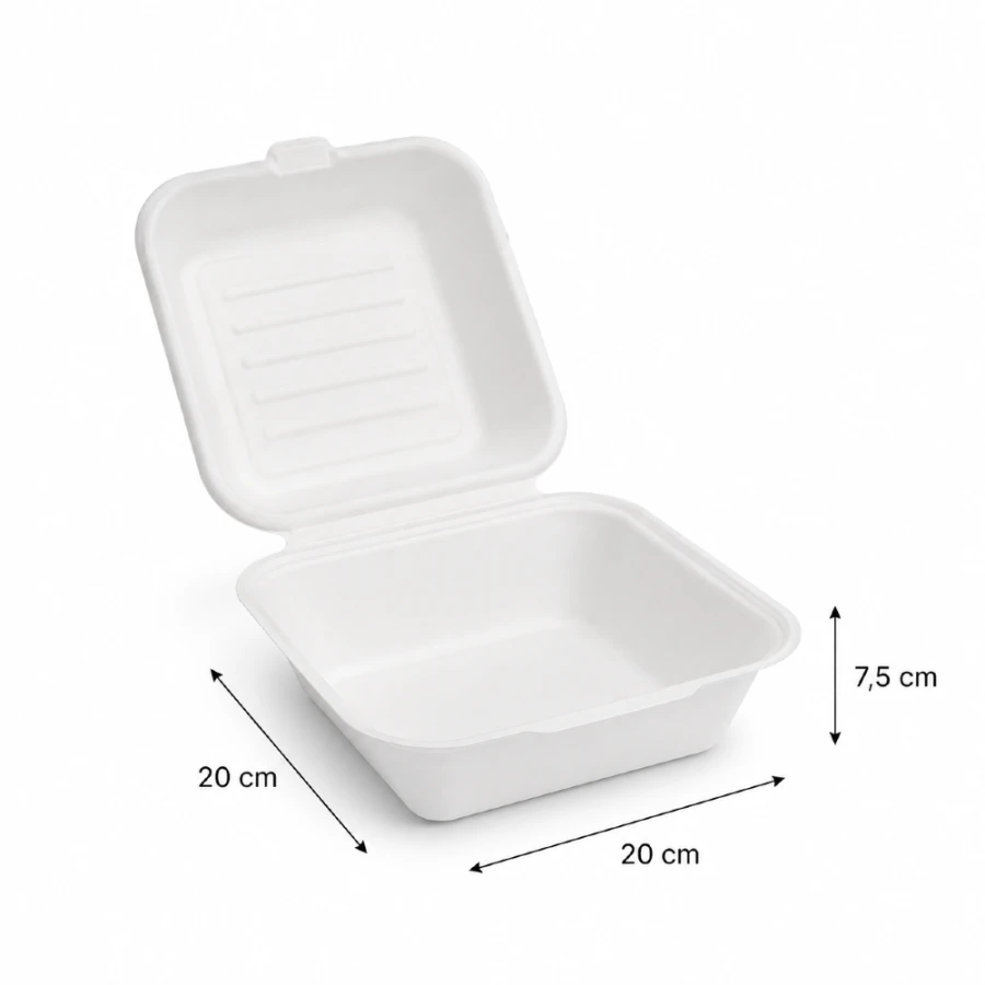 Opakowanie z trzciny cukrowej z pokrywką 20 cm x 20 cm x 7,5 cm - 50 sztuk