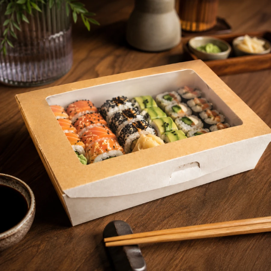 Pudełko do sushi Sushi Box z okienkiem biało-brązowy KRAFT, 21 x 16 x 4,5 cm - 40 szt.