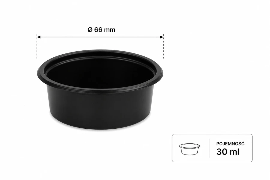 Pojemnik do sosów 30 ml czarny, fi 66 mm, wysokość 26 mm, PP - 100 szt.