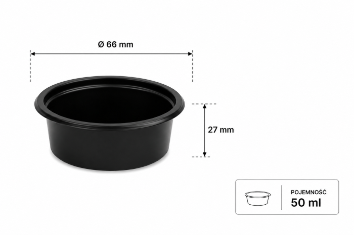 Pojemnik do sosów 50 ml czarny, fi 66 mm, wysokość 27 mm, PP - 100 szt.