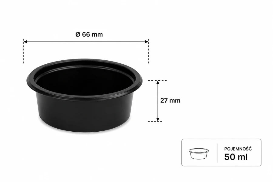 Pojemnik do sosów 50 ml czarny, fi 66 mm, wysokość 27 mm, PP - 100 szt.