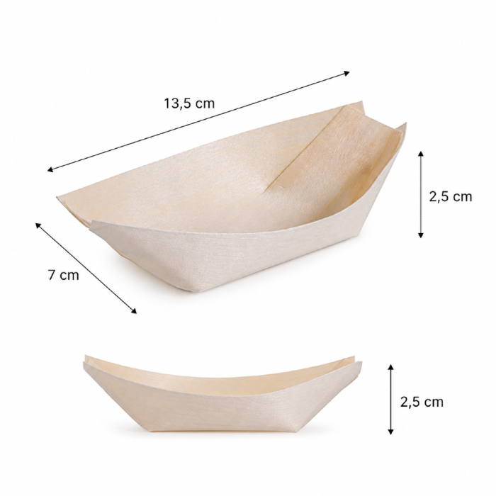 Drewniana tacka do przekąsek Łódka 13, 5 cm - 100 sztuk
