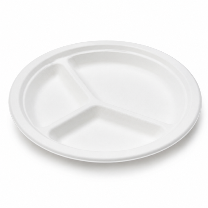 Talerz z trzciny cukrowej biały, okrągły, trójdzielny, fi 26 cm - 50 sztuk