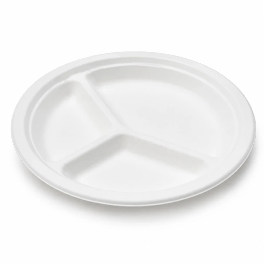 Talerz z trzciny cukrowej biały, okrągły, trójdzielny, fi 26 cm - 50 sztuk