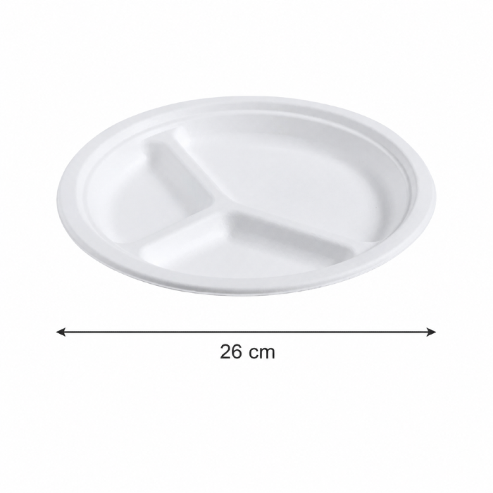 Talerz z trzciny cukrowej biały, okrągły, trójdzielny, fi 26 cm - 50 sztuk