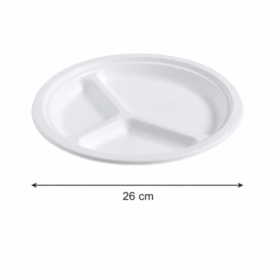 Talerz z trzciny cukrowej biały, okrągły, trójdzielny, fi 26 cm - 50 sztuk