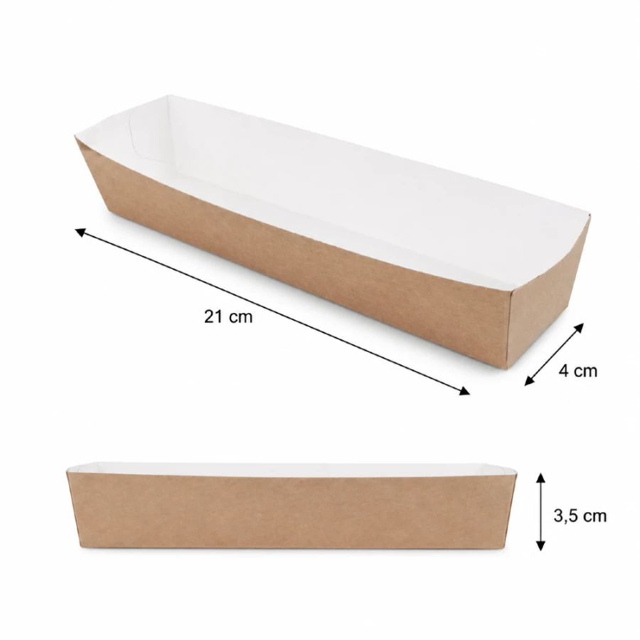 Tacka papierowa prostokątna głęboka biało-brązowa, 21 x 4 x 3,5 cm - 100 szt.