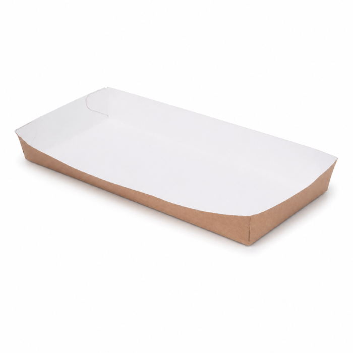 Tacka papierowa prostokątna głęboka biało-brązowa, 20 x 9 x 2,5 cm - 100 szt.