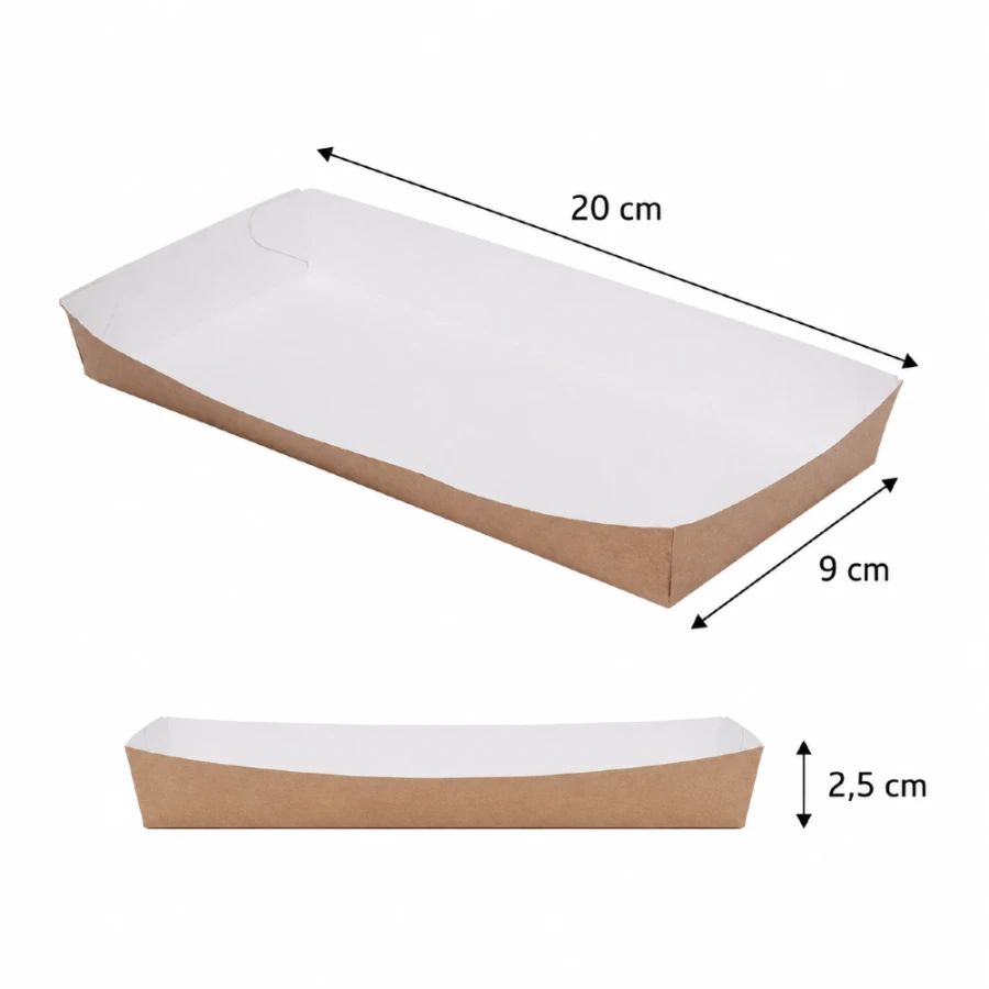 Tacka papierowa prostokątna głęboka biało-brązowa, 20 x 9 x 2,5 cm - 100 szt.