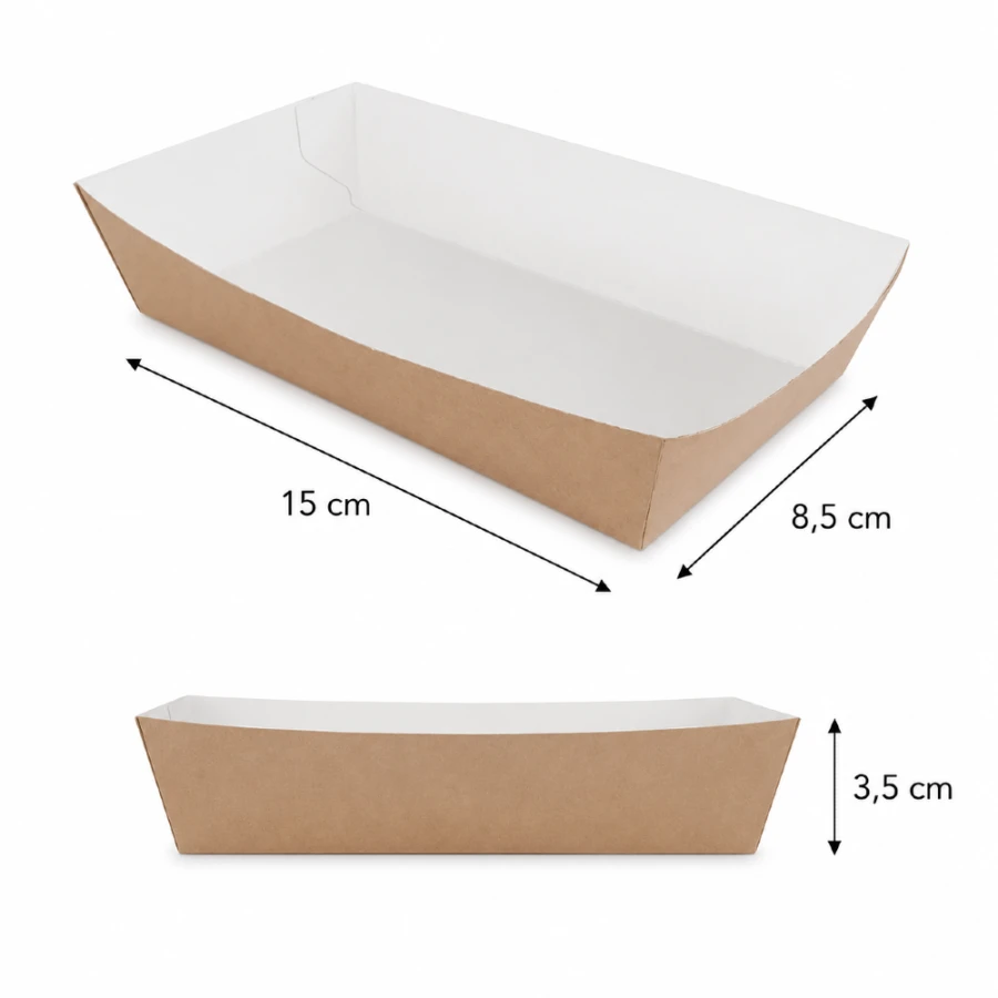 Tacka papierowa prostokątna głęboka biało-brązowa, 15 x 8,5 x 3,5 cm - 100 szt.