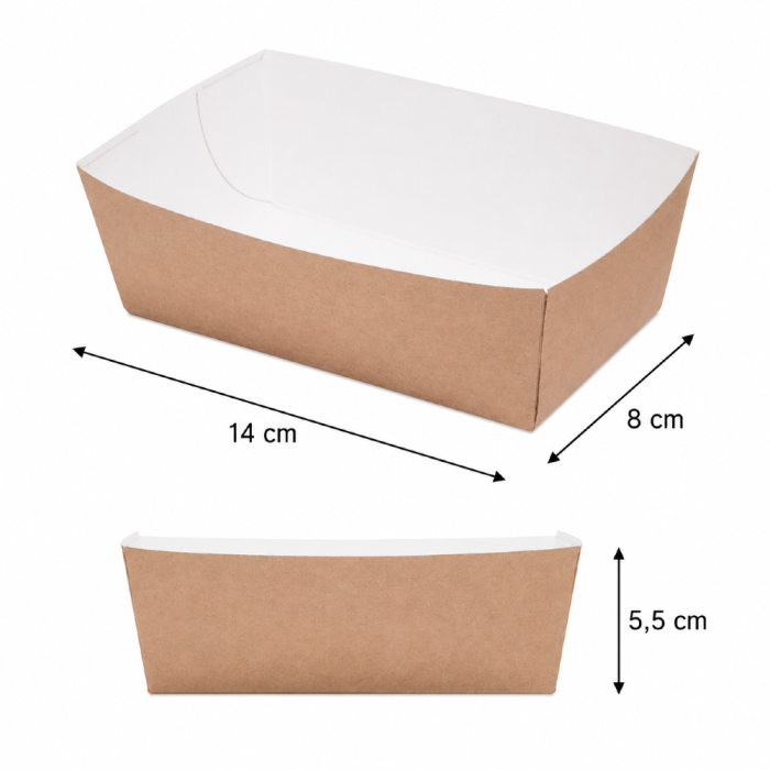 Tacka papierowa prostokątna głęboka biało-brązowa, 14 x 8 x 5,5 cm - 100 szt.