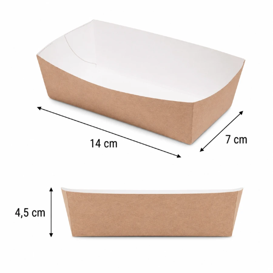 Tacka papierowa prostokątna głęboka biało-brązowa, 14 x 7 x 4,5 cm - 100 szt.