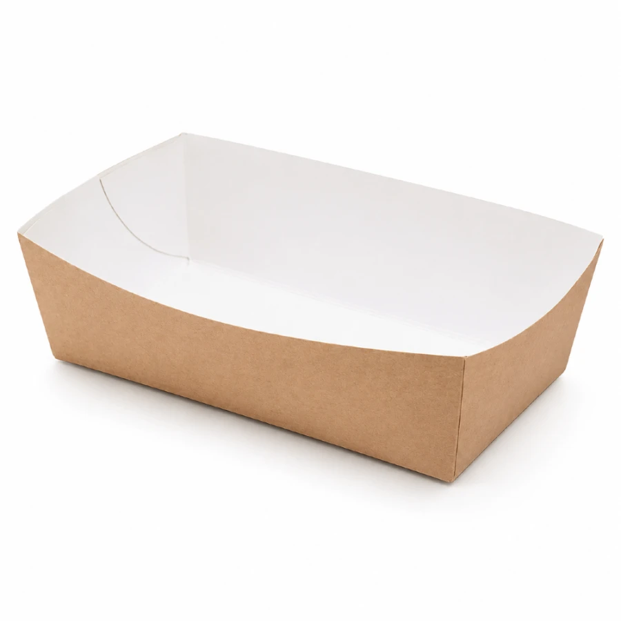 Tacka papierowa prostokątna głęboka biało-brązowa, 14 x 7 x 4,5 cm - 100 szt.