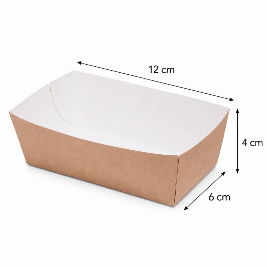 Tacka papierowa prostokątna głęboka biało-brązowa, 12 x 6 x 4 cm - 100 szt.