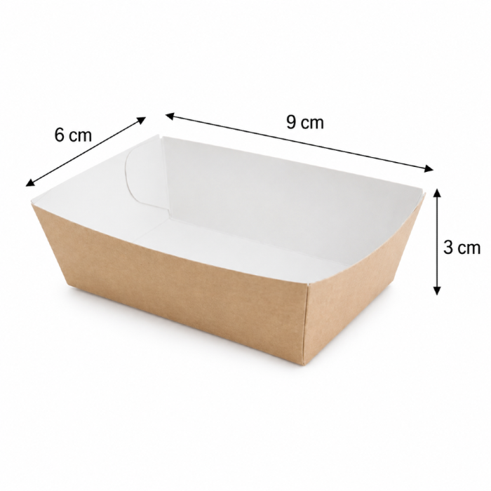 Tacka papierowa prostokątna głęboka biało-brązowa, 9 x 6 x 3 cm - 100 szt.