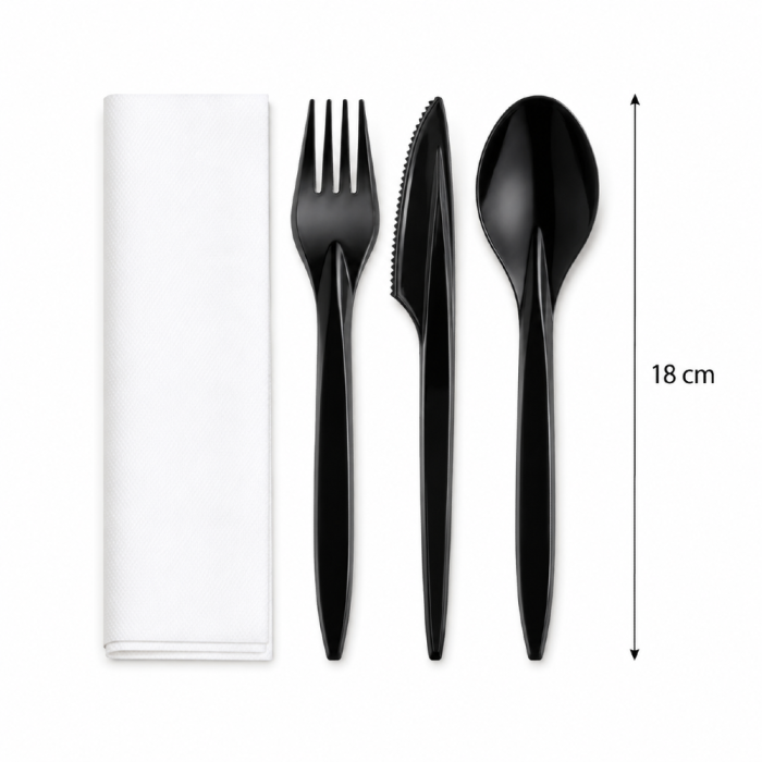 Zestaw czarnych sztućców z PS 18 cm, łyżka + widelec + nóż + serwetka - 250 szt.