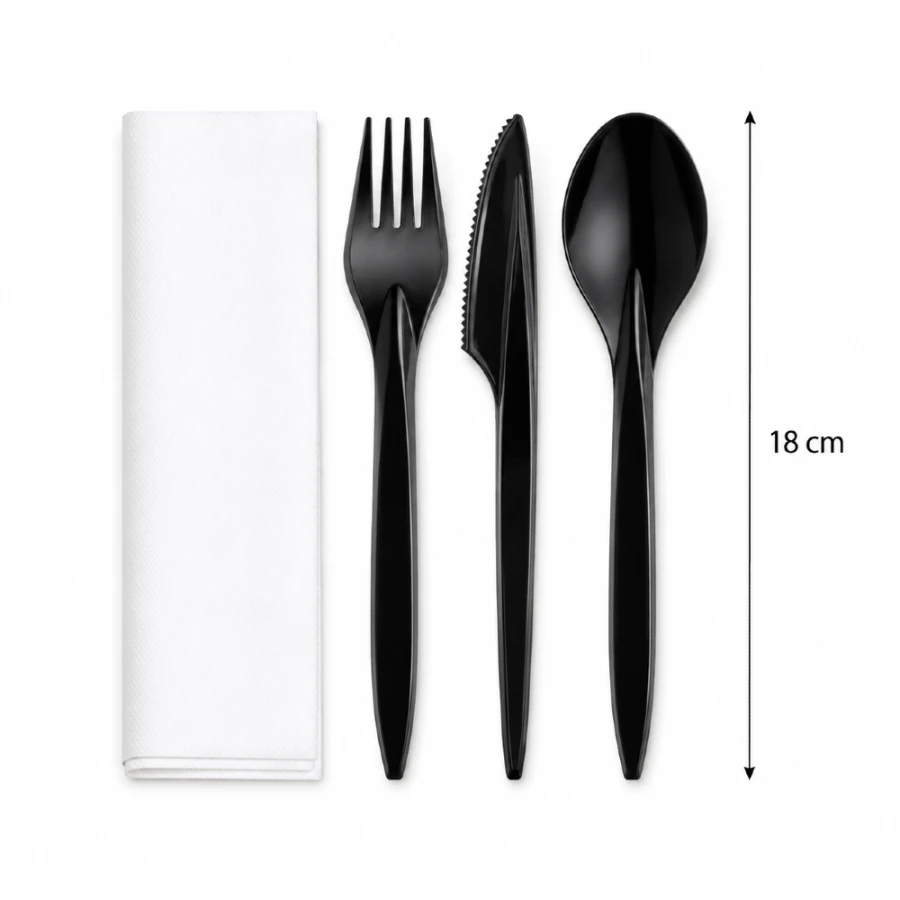 Zestaw czarnych sztućców z PS 18 cm, łyżka + widelec + nóż + serwetka - 250 szt.