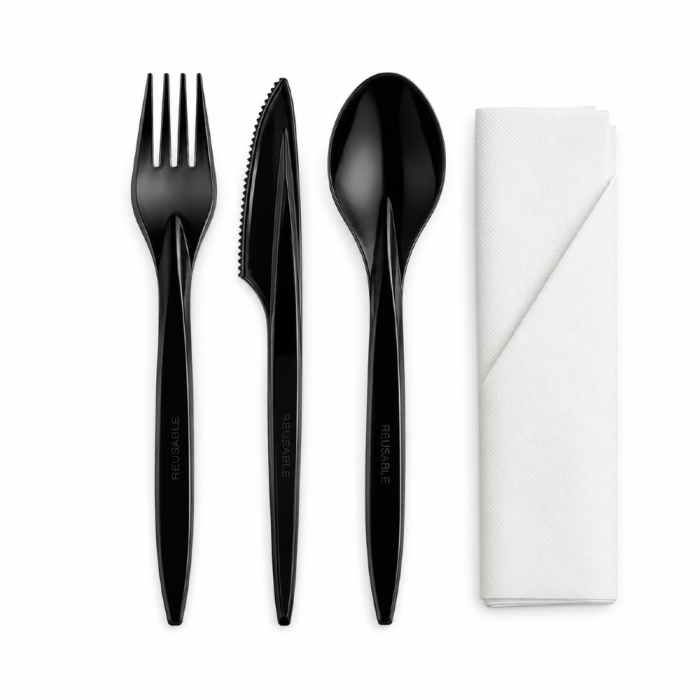 Zestaw czarnych sztućców z PS 18 cm, łyżka + widelec + nóż + serwetka - 250 szt.