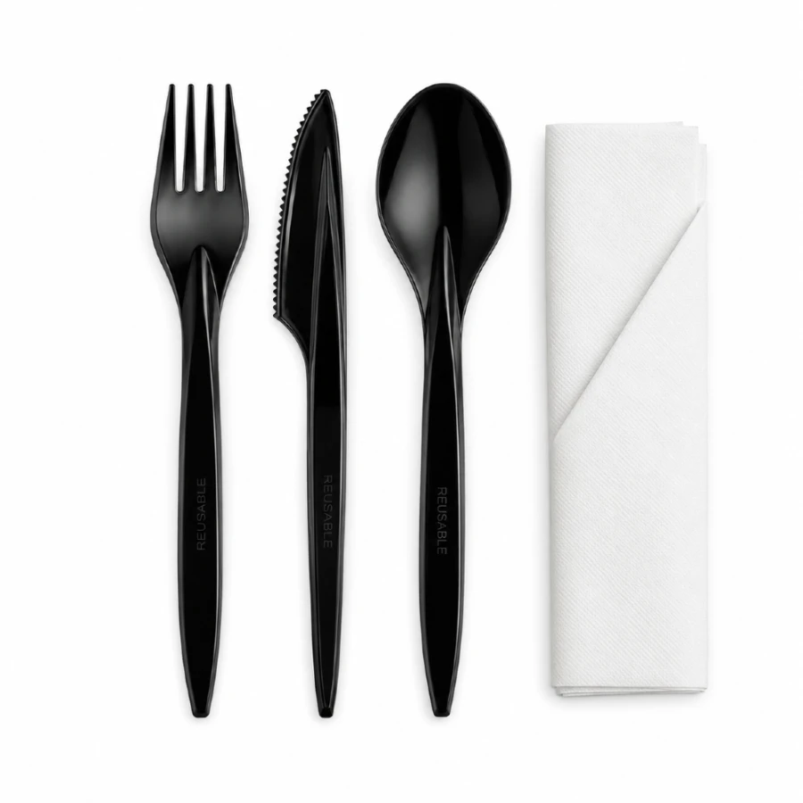 Zestaw czarnych sztućców z PS 18 cm, łyżka + widelec + nóż + serwetka - 250 szt.