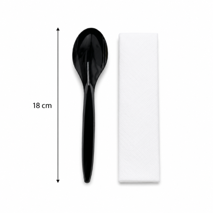Zestaw czarna łyżka 18 cm z PS + serwetka - 350 szt.