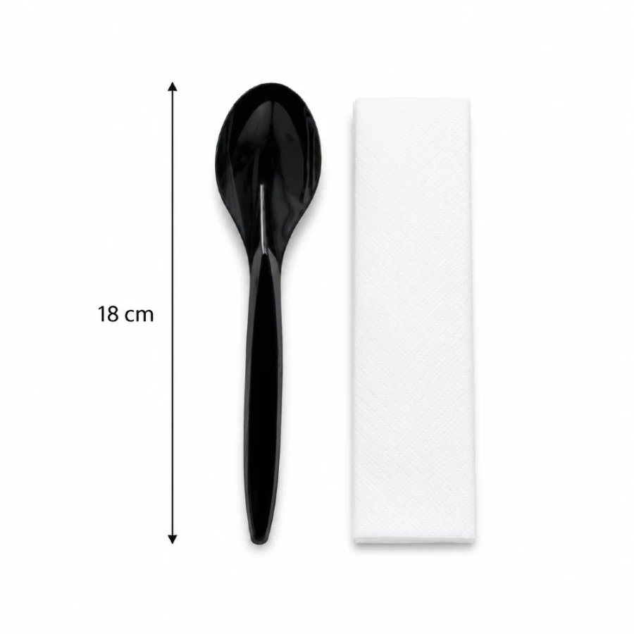 Zestaw czarna łyżka 18 cm z PS + serwetka - 350 szt.
