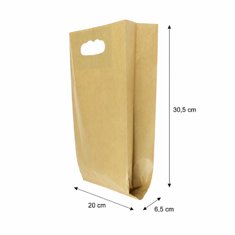 Torebka fałdowa zakupowa kraft 20 cm x 6,5 cm x 30,5 cm - 500 sztuk