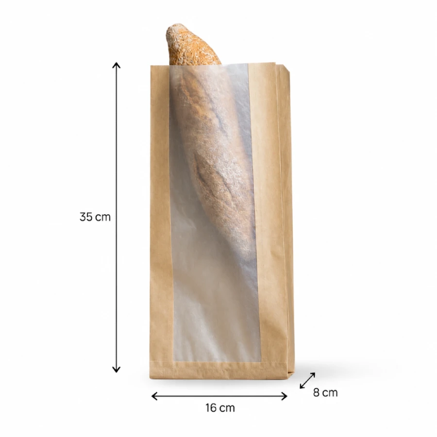 Torebka fałdowa kraft z okienkiem papierowym 16 cm x 8 cm x 35 cm - 1000 sztuk