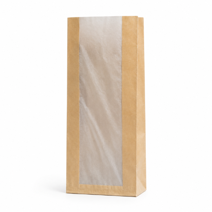 Torebka fałdowa kraft z okienkiem papierowym 16 cm x 8 cm x 35 cm - 1000 sztuk