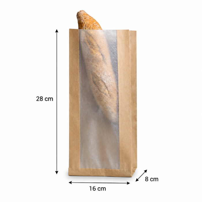 Torebka fałdowa kraft z okienkiem papierowym 16 cm x 8 cm x 28 cm - 1000 sztuk