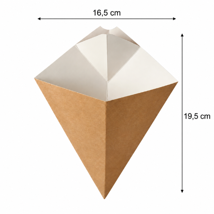 Rożek papierowy na frytki z miejscem na sos 19,5 cm x 16,5 cm brązowy - 50 sztuk