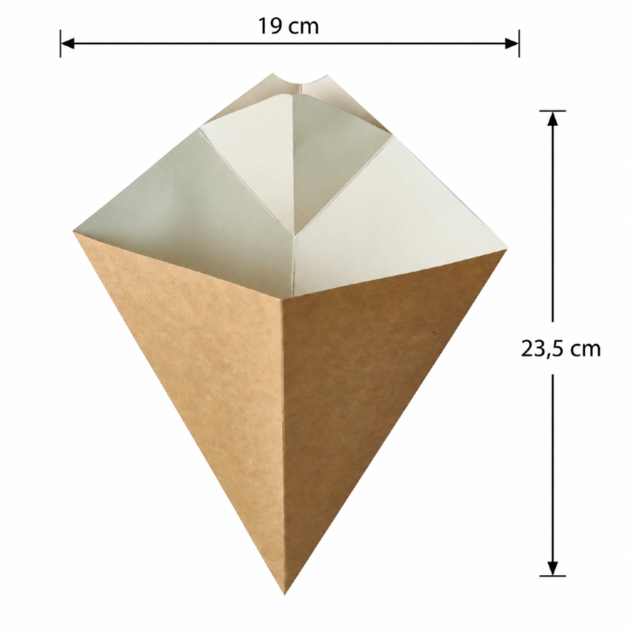 Rożek papierowy na frytki z miejscem na sos 23,5 cm x 19 cm brązowy - 50 sztuk