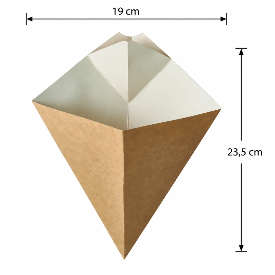 Rożek papierowy na frytki z miejscem na sos 23,5 cm x 19 cm brązowy - 50 sztuk