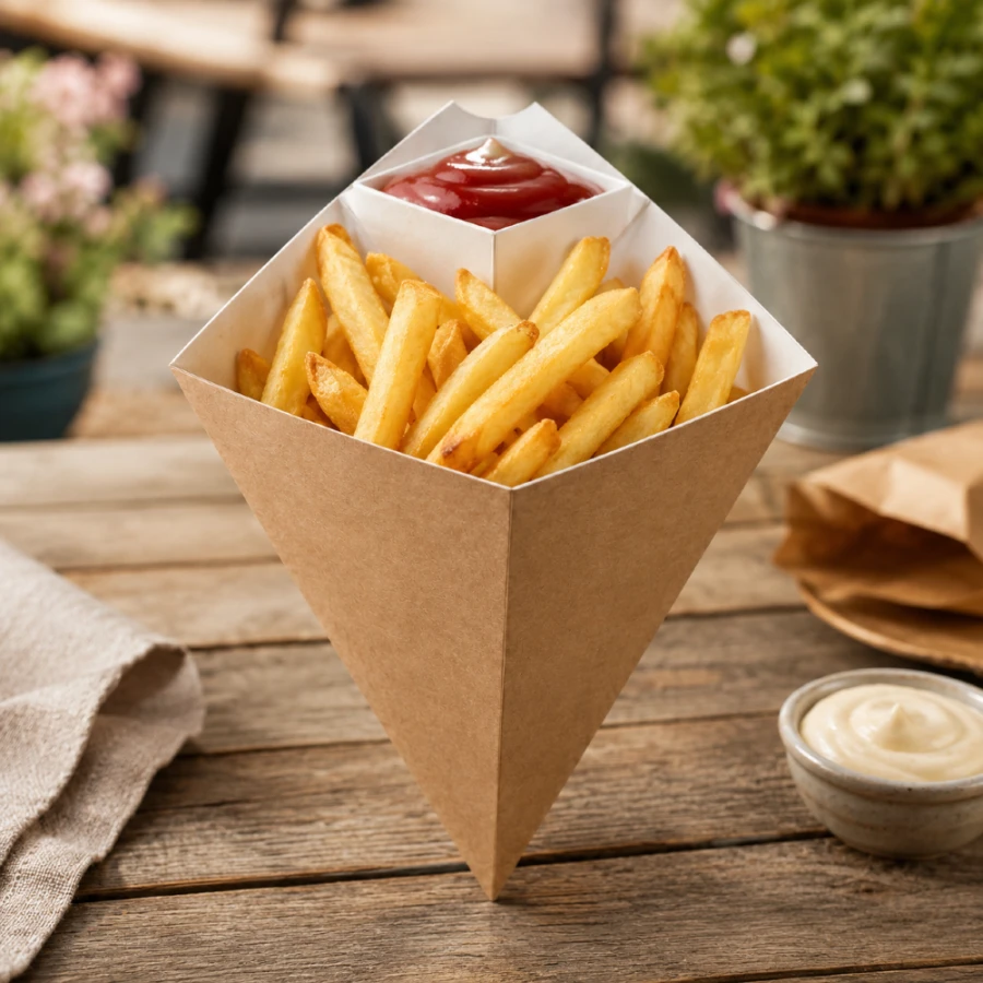 Rożek papierowy na frytki z miejscem na sos 23,5 cm x 19 cm brązowy - 50 sztuk