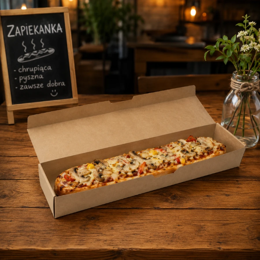Pudełko papierowe na zapiekankę "Zapiekanka Box" biało-brązowe, 38 x 11 x 5 cm - 100 szt.