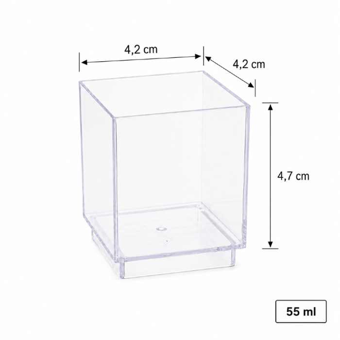 Pojemniki na przekąski fingerfood 55 ml, kwadratowe krystaliczne 4,7 cm x 4,2 cm x 4,2 cm - 30 sztuk