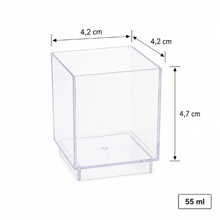 Pojemniki na przekąski fingerfood 55 ml, kwadratowe krystaliczne 4,7 cm x 4,2 cm x 4,2 cm - 30 sztuk