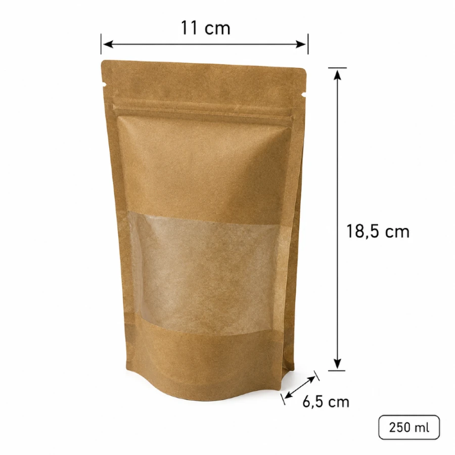 Doypack papierowy woreczek strunowy z okienkiem PE 250 ml 11 cm x 6,5 cm x 18,5 cm - 100 sztuk
