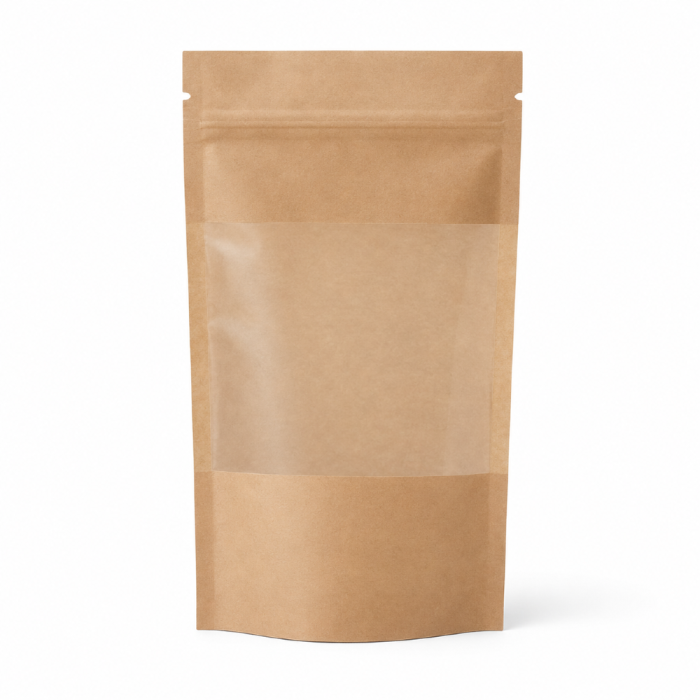 Doypack papierowy woreczek strunowy z okienkiem PE 100 ml 8,5 cm x 5 cm x 14,5 cm - 100 sztuk